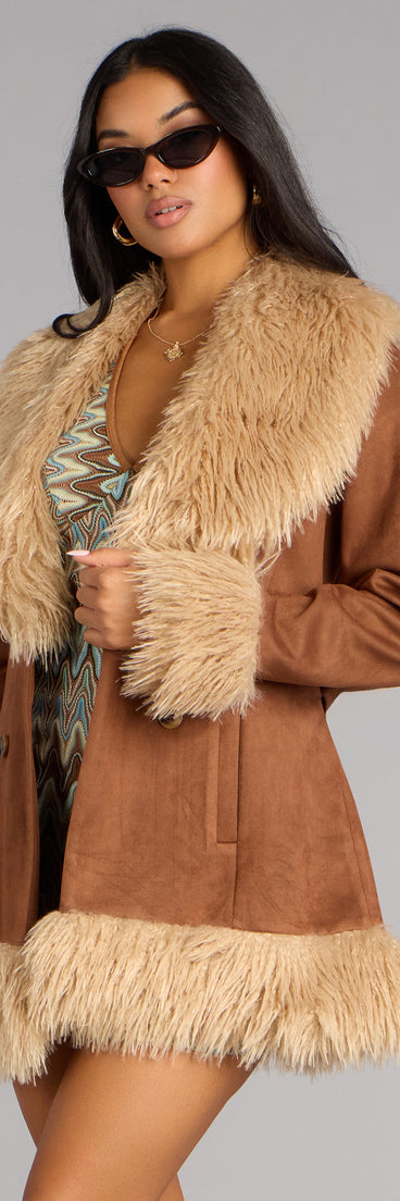 Chic Icon Faux Fur Trim Suede Coat