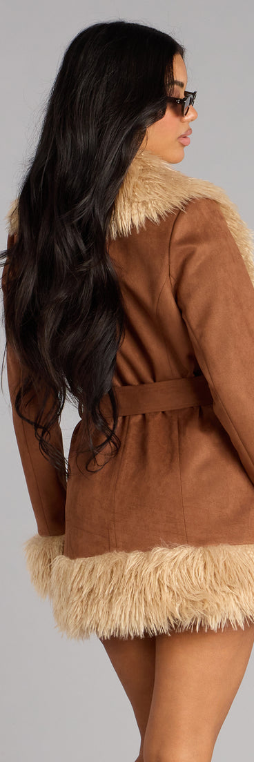 Chic Icon Faux Fur Trim Suede Coat