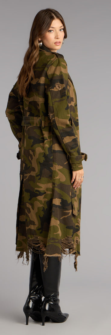 This piece brings trend-right energy to the Street Command Camouflage Trench Coat, perfect for fall outfits that stand out.