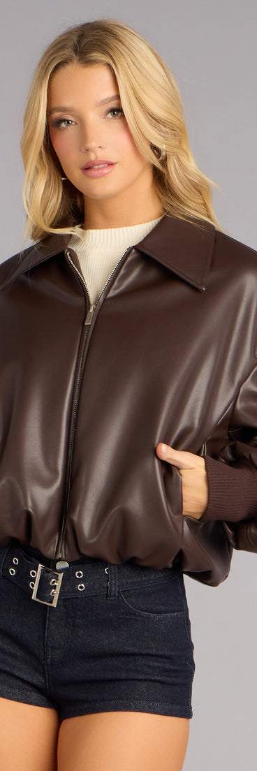 Effortless Edge Faux Leather Bomber Jacket