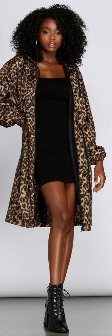 Long Line Leopard Print Anorak Windbreaker