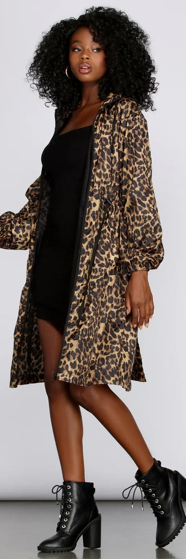 Long Line Leopard Print Anorak Windbreaker