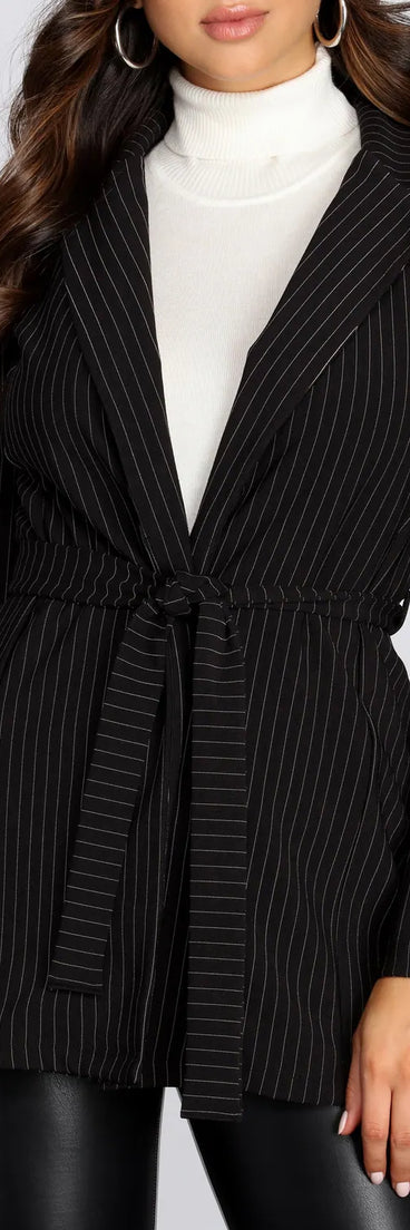 Striped To The Nines Belted Pinstripe Blazer