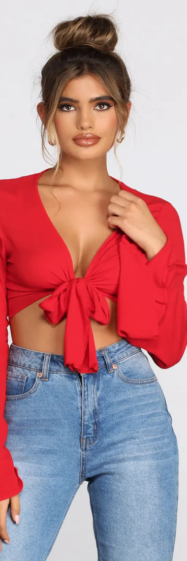 Woven Bell Sleeve Tie Front Top