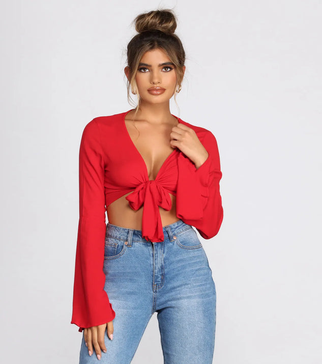 Woven Bell Sleeve Tie Front Top