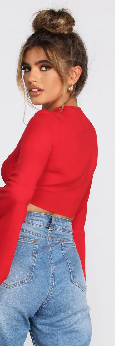 Woven Bell Sleeve Tie Front Top