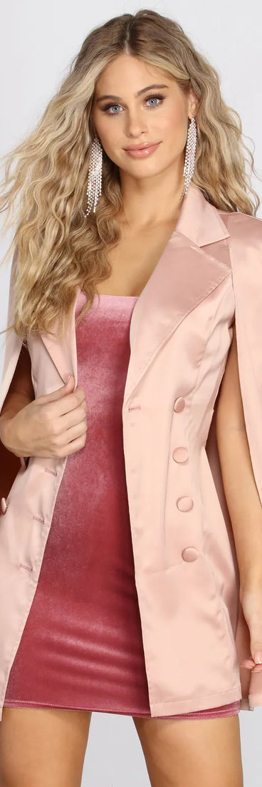 Effortlessly Powerful Satin Cape Trench Dress
