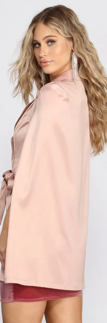 Effortlessly Powerful Satin Cape Trench Dress