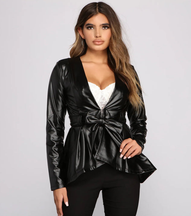 Faux Leather Belted Peplum Blazer Windsor