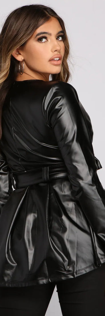 Faux Leather Belted Peplum Blazer