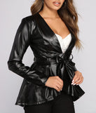 Faux Leather Belted Peplum Blazer
