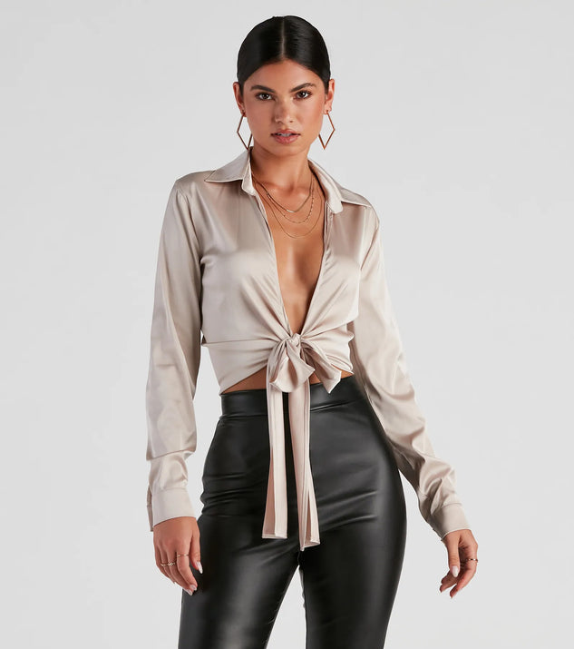 Satin front tie top shop