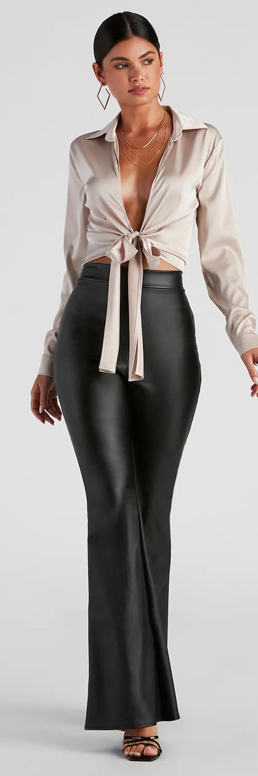 Stand out in 2025 in the So Sleek Satin Tie-Front Blouse, a women's taupe long-sleeve top crafted from an elevated fabric with a modern neckline perfect for party outfits, bridal shower attire, or elevated casual outfits.