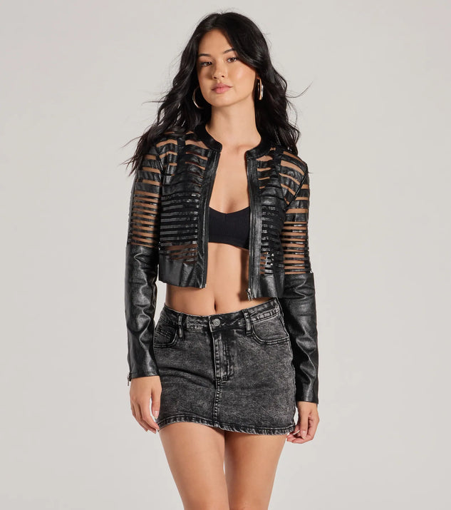Stay on-trend this season with the Faux Leather Illusion Striped Jacket in black, a must-have for creating stylish and effortless spring outfits for women.