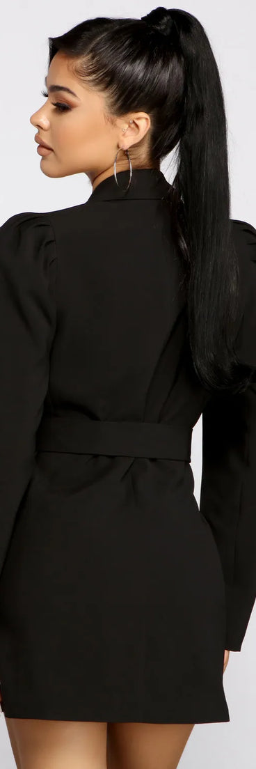 Double Breasted Belted Puff Sleeve Blazer