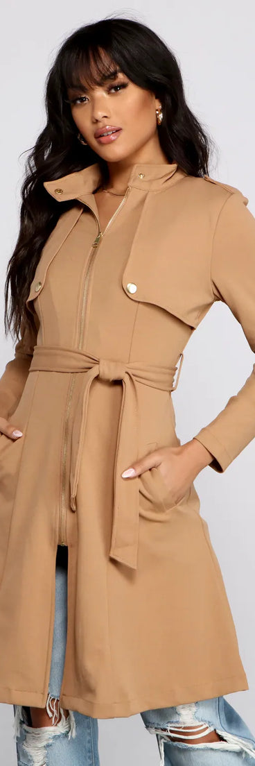 Belted Sophistication Crepe Trench Dress