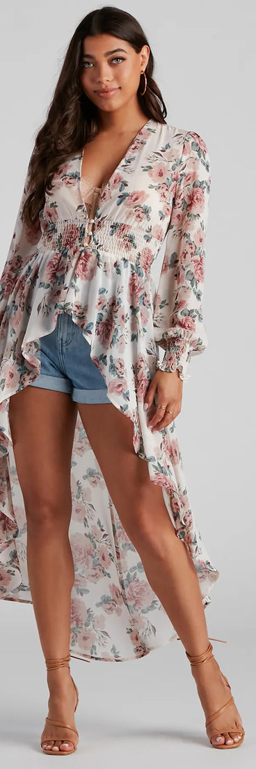 Make It Floral Chiffon High-Low Duster