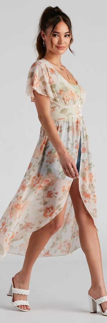 Breezy Flutter Sleeve Floral Duster