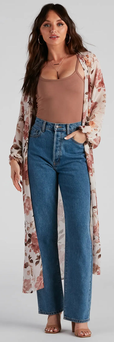 Flower Field Belted Chiffon Duster