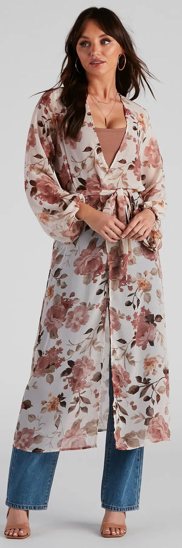 Flower Field Belted Chiffon Duster