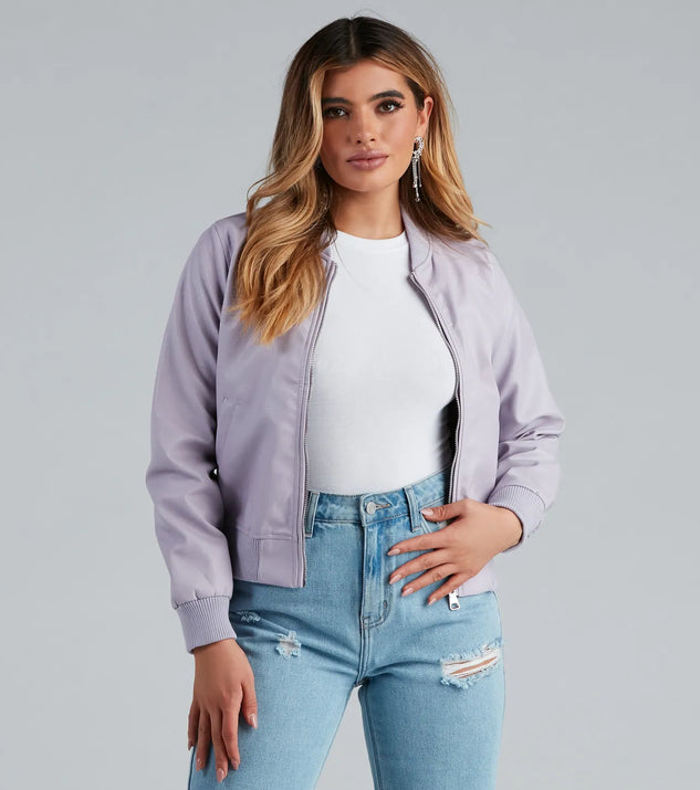 Sleek Look Faux Leather Bomber Jacket