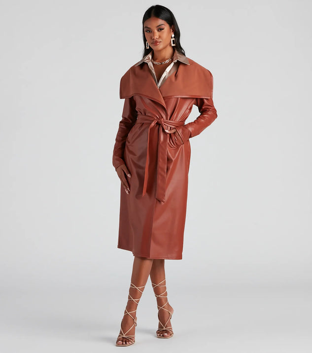 Stay chic this winter with Elevated And Chic Faux Leather Trench, a brown women's coat perfect for layering. Featuring textured fabric and a trendy fit, this lightweight coat for women transitions effortlessly from cozy everyday wear to formal evening events.