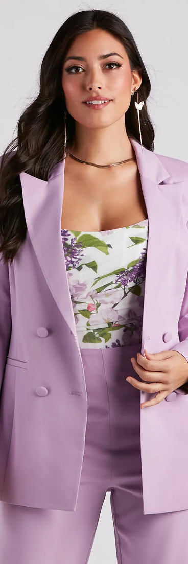 Effortlessly create party outfits or vacation-ready looks with the She Means Business Structured Blazer, one part of a versatile women's lavender matching set perfect for quick and easy outfit combinations from layering chic outfits to transitioning your look seamlessly.