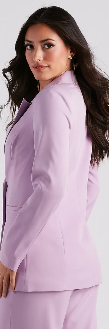 Get ready for any event with the She Means Business Structured Blazer in lavender, an essential start to creating a versatile outfit for women for parties, cocktail hours, or Valentine's Day events.