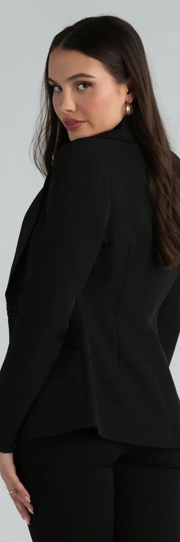 Get ready for any event with the Business Classy Woven Ruched Blazer in black, an essential start to creating a versatile outfit for women for parties, cocktail hours, or Valentine's Day events.