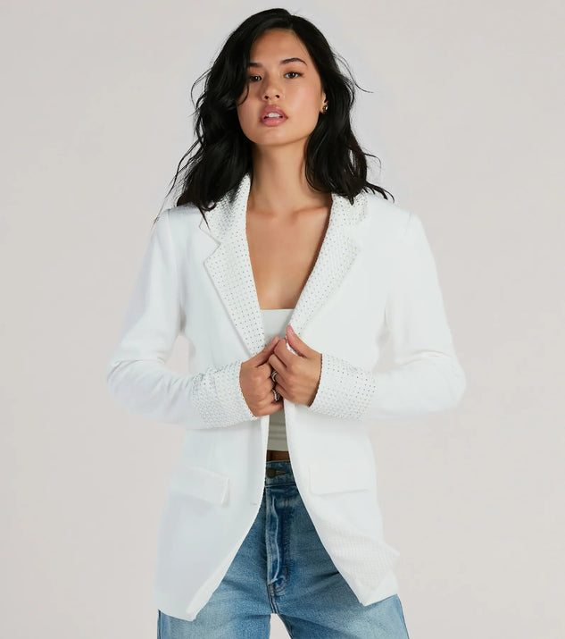The Just Business Rhinestone Fishnet Crepe Blazer in white is an elevated pick for your best outfit yet, effortlessly delivering a polished look that's sure to turn heads at any celebration.