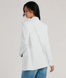 The Just Business Rhinestone Fishnet Crepe Blazer in white is an elevated pick for your best outfit yet, effortlessly delivering a polished look that's sure to turn heads at any celebration.