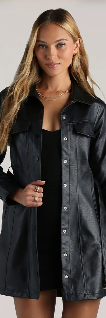 Complete your outfits with the Elevated Affair Faux Leather Trench Coat, a black fashion jacket that adds stylish edge and versatile appeal.