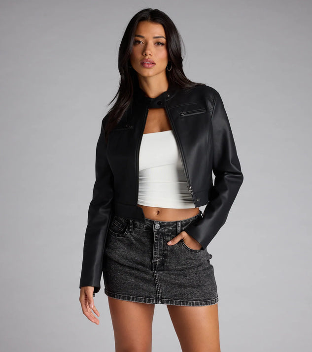 The Along For The Ride Faux Leather Biker Jacket in black is a women's workwear essential with an elevated fabric and chic silhouette, ideal for layering and versatile enough to take your look from office chic to going-out ready!