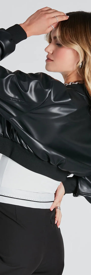 Cool Streets Faux Leather Crop Bomber Jacket