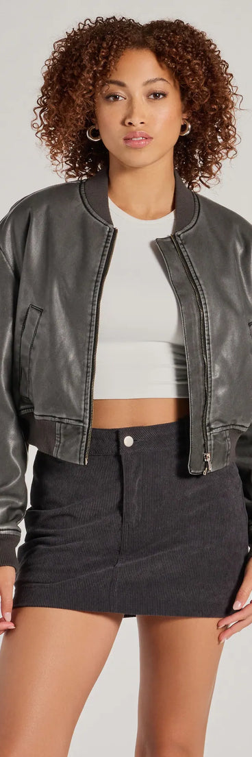 Get inspired with the Casual Slay Cropped Oversized Faux Leather Bomber Jacket, a feed-worthy charcoal piece that’s part of Windsor's updated and curated women’s clothing edit packed with must-have fall outfit ideas.