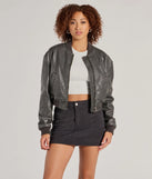 Casual Slay Cropped Oversized Faux Leather Bomber Jacket, a trendy charcoal addition to women's going-out outfits, is ideal for Christmas party outfits, chic NYE attire, or winter night-out looks that keep you on-trend!