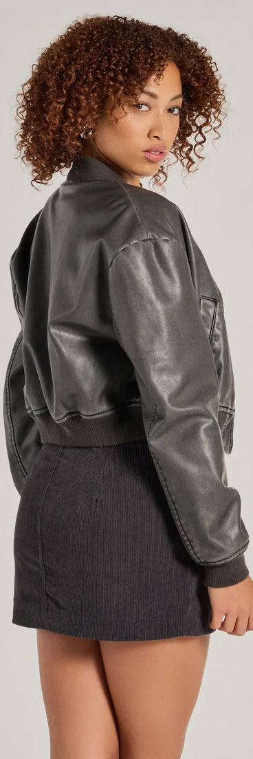 Casual Slay Cropped Oversized Faux Leather Bomber Jacket, a trendy charcoal addition to women's going-out outfits, is ideal for outdoor party outfits or night-out looks that keep you on-trend!
