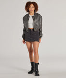 Casual Slay Cropped Oversized Faux Leather Bomber Jacket, a trendy charcoal addition to women's going-out outfits, is ideal for Christmas party outfits, chic NYE attire, or winter night-out looks that keep you on-trend!