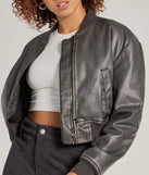 Casual Slay Cropped Oversized Faux Leather Bomber Jacket, a trendy charcoal addition to women's going-out outfits, is ideal for Christmas party outfits, chic NYE attire, or winter night-out looks that keep you on-trend!