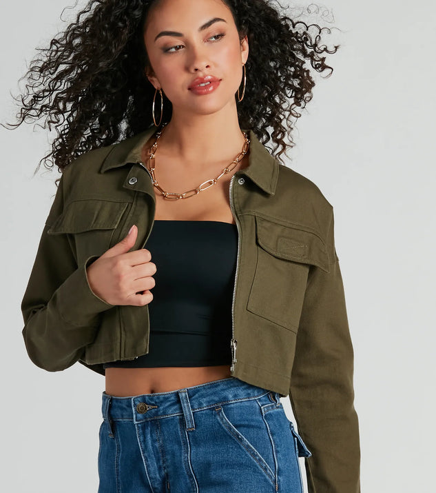 The Stylish Expedition Cargo Pocket Crop Bomber Jacket in olive is a women's workwear essential with an elevated fabric and chic silhouette, ideal for layering and versatile enough to take your look from office chic to going-out ready!