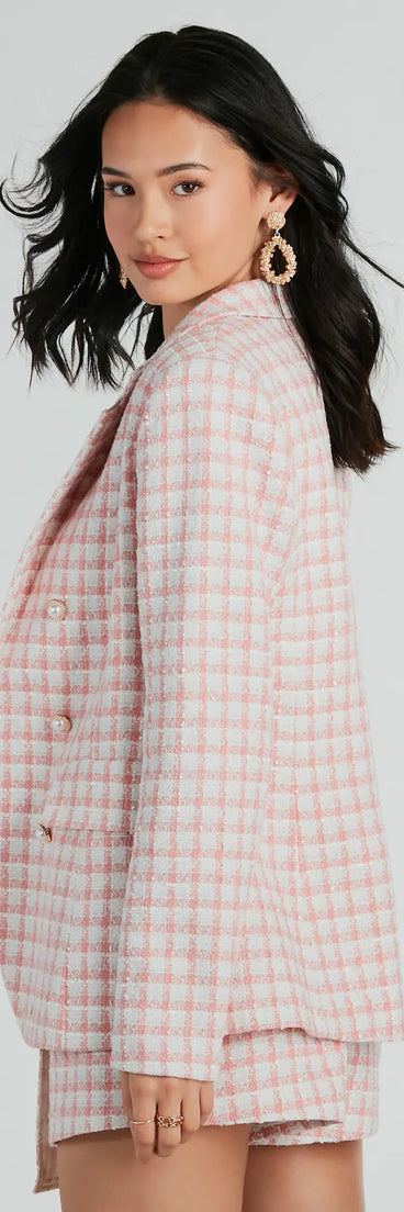 Preppy Beauty Tweed Faux Pearl Button Plaid Blazer