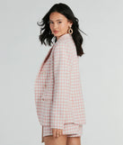 Preppy Beauty Tweed Faux Pearl Button Plaid Blazer