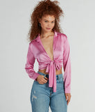 The So Sleek Satin Tie-Front Blouse in pink with a modern design and trendy look is part of the latest women's tops collection to elevate your 2025 wardrobe.