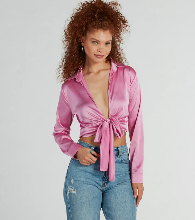 The So Sleek Satin Tie-Front Blouse in pink with a modern design and trendy look is part of the latest women's tops collection to elevate your 2025 wardrobe.