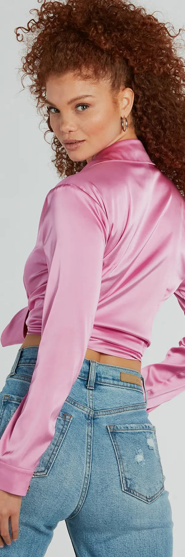 Trendy women’s tops in pink, like the So Sleek Satin Tie-Front Blouse, bring effortless style for fall layering, lounging, or going out.