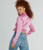 Stand out in 2025 in the So Sleek Satin Tie-Front Blouse, a women's pink long-sleeve top crafted from an elevated fabric with a modern neckline perfect for party outfits, bridal shower attire, or elevated casual outfits.