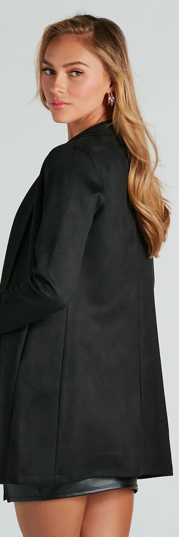 The Polish Up Real Nice Long Blazer in black is a women's workwear piece offering a trendy style and unique accents, perfect for effortlessly creating an outfit-of-the-day look that transitions your office look to going-out ready.