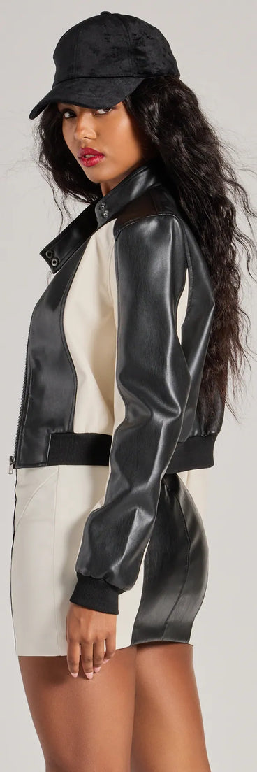Bring statement edge with the Ready For It Moto Faux Leather Bomber Jacket, a black faux leather jacket that adds sleek, trend-driven appeal to any dressy or casual outfit.