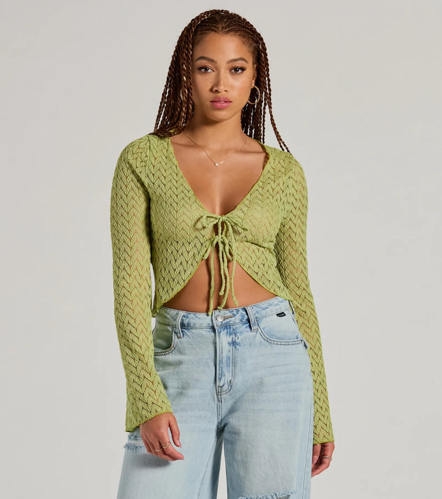 The Cabana Honey Tie Front Crochet Crop Sweater in lime green with a modern design and trendy look is part of the latest women's tops collection to elevate your 2025 wardrobe.