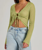 Layer-friendly Cabana Honey Tie Front Crochet Crop Sweater is a chic, transitional lime green long-sleeve top with contemporary sleeves and neckline design, ideal for an elevated seasonal style or casual elegance.